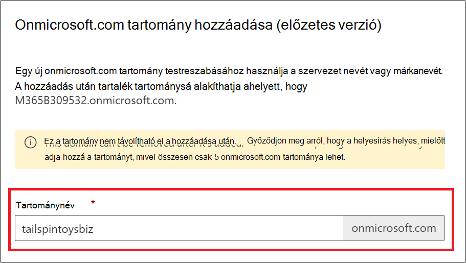 Képernyőkép az Onmicrosoft tartomány hozzáadása lapról.