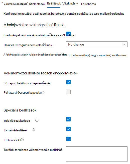 Képernyőkép Microsoft Entra hozzáférés-felülvizsgálati beállítások lapról.