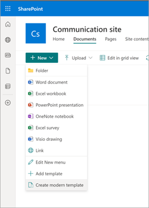 Képernyőkép a dokumentumtárról, kiemelt Modern sablon létrehozása lehetőséggel.