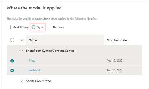 Képernyőkép a Where the model is applied (A modell alkalmazásának helye) szakaszról és a Kiemelt Szinkronizálás gombról.