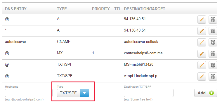 Válassza ki a TXT/SPF típust a legördülő listából, és töltse ki az értékeket.