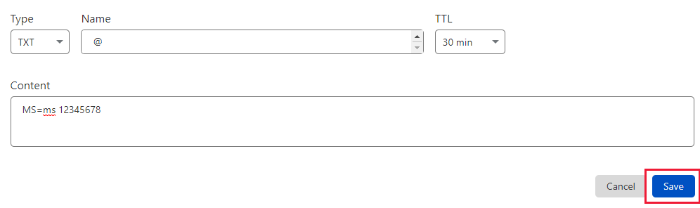 Képernyőkép arról, hogy hol válassza a Mentés lehetőséget egy tartomány-ellenőrzési TXT rekord hozzáadásához.