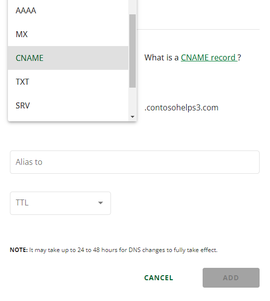 Válassza ki a CNAME típust a legördülő listából.