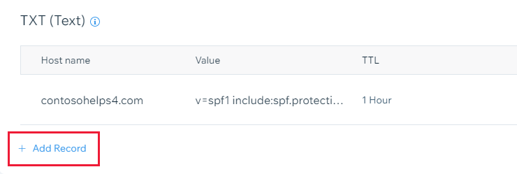 Képernyőkép arról, hogy hol válassza a Rekord hozzáadása lehetőséget egy tartomány-ellenőrzési TXT rekord hozzáadásához.