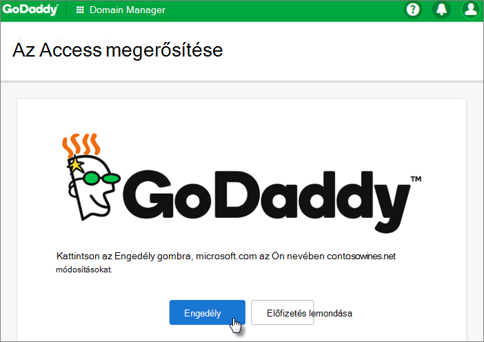 A GoDaddy Confirm Access (Hozzáférés megerősítése) lapon válassza az Authorize (Engedélyezés) lehetőséget.