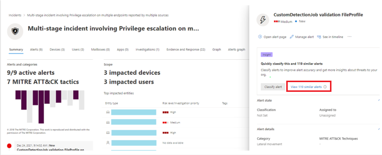 Képernyőkép egy riasztás kiválasztásáról a Microsoft Defender portálon