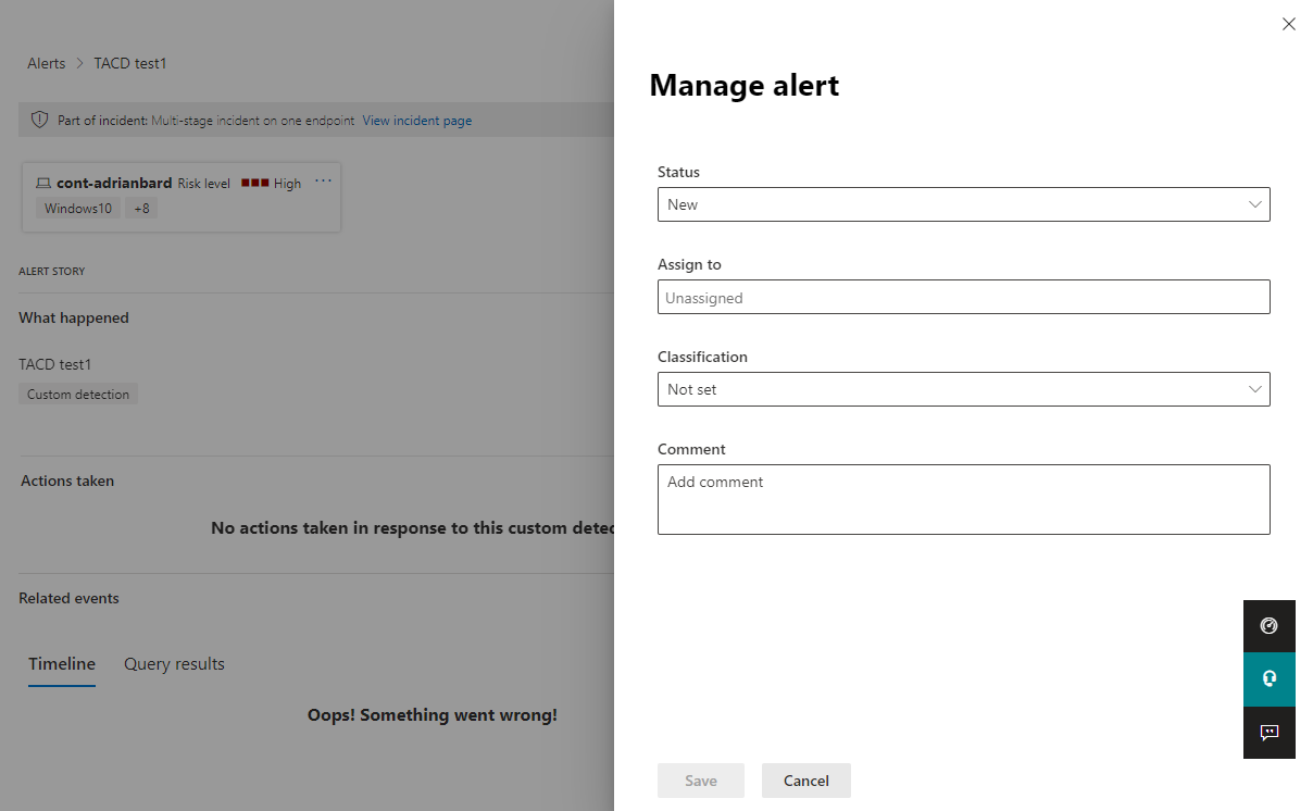 Képernyőkép az Microsoft Defender portal Riasztások kezelése szakaszáról