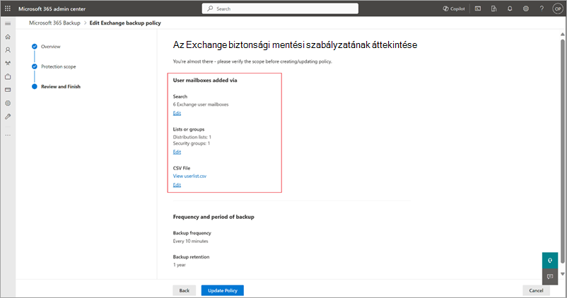 Képernyőkép az Exchange biztonsági mentési szabályzatának áttekintése oldalról.