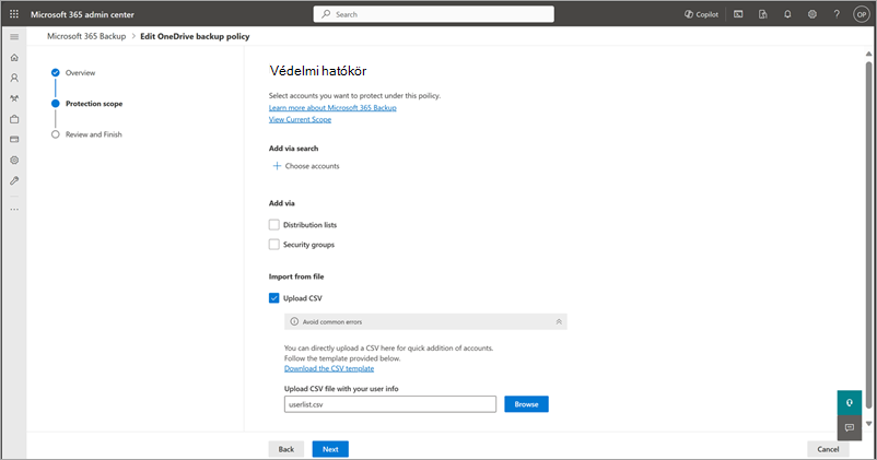 Képernyőkép a OneDrive Védelmi hatókör lapján található Importálás fájlból szakaszról.