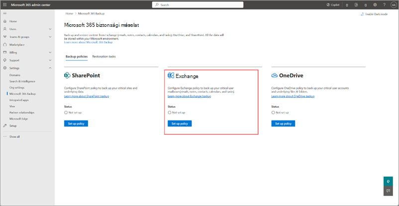 Képernyőkép a Microsoft 365 biztonsági másolat lapról, amelyen az Exchange ki van emelve.