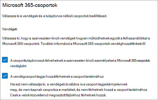 Képernyőkép Microsoft 365-csoportok Microsoft 365 Felügyeleti központ vendégbeállításairól.