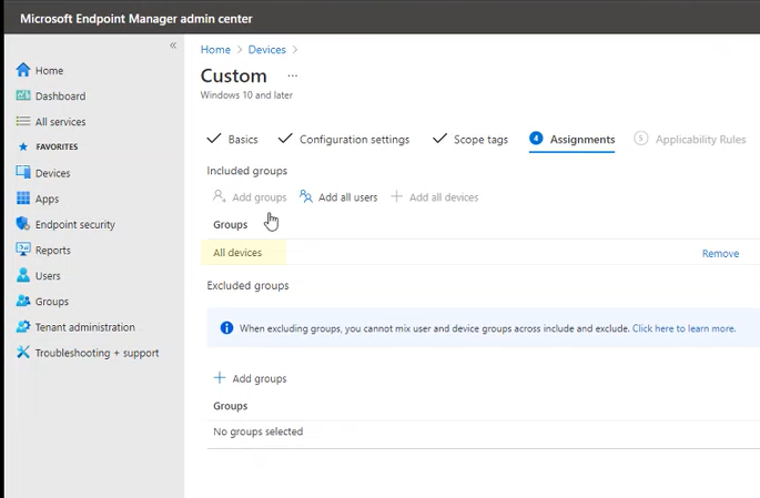 A hozzárendelések a Microsoft Intune Felügyeleti központ portálján