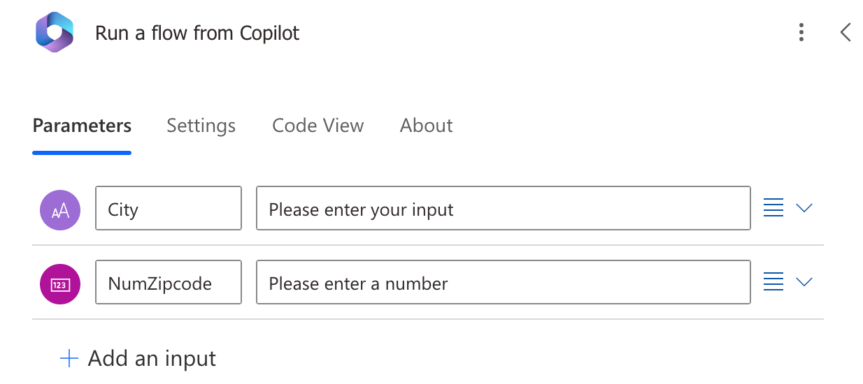 Screenshot of input parameters for Power Automate flow.