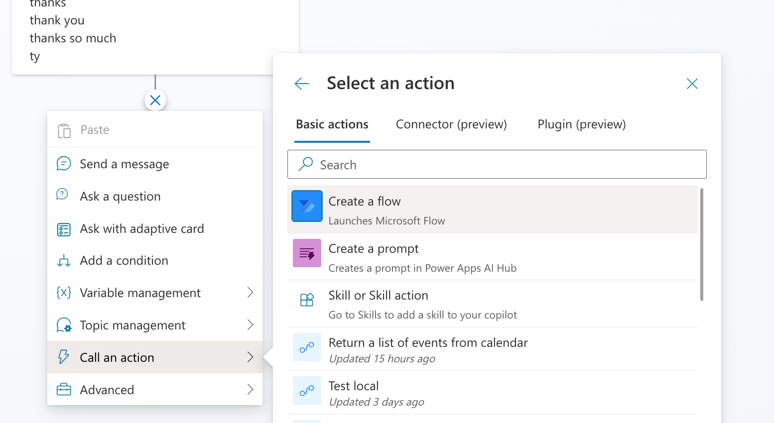 Screenshot of the Create a flow option in the Call an action menu.