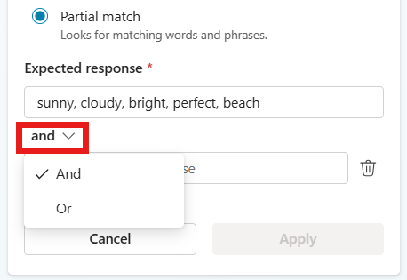 Screenshot showing how to add keywords to keyword match expected response.