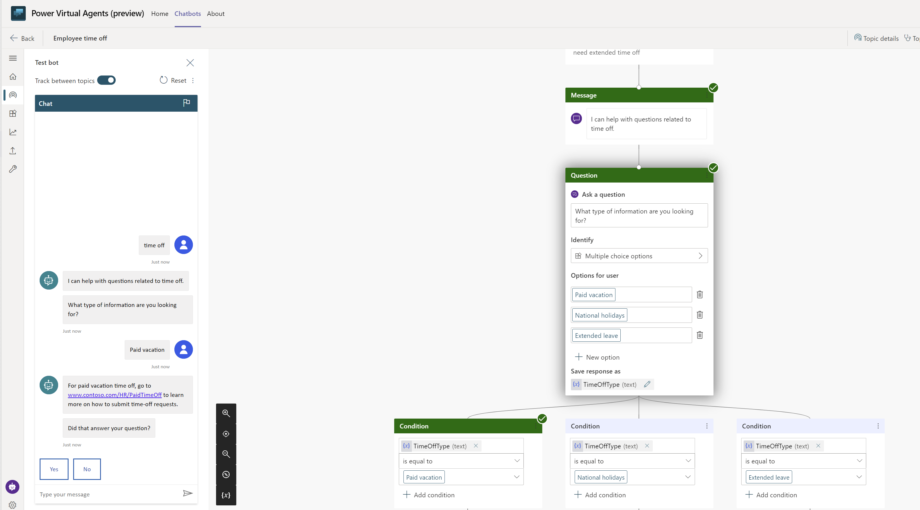 Select any response in the conversation to see the authoring canvas highlighted to that response.