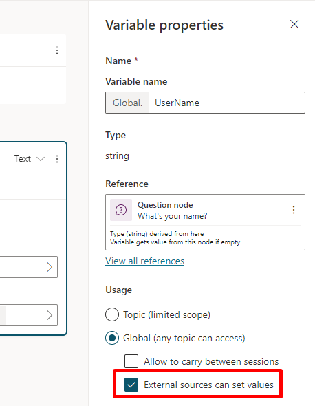 Screenshot of the Usage section on the Variable Properties pane, with the Bot option and External sources can set values checkbox both selected