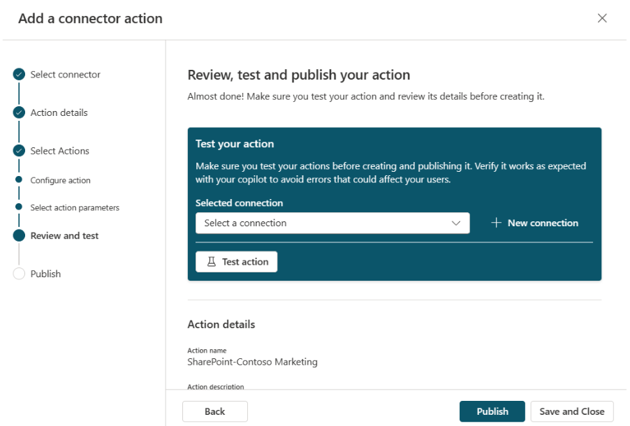 Review, test and publish the connector