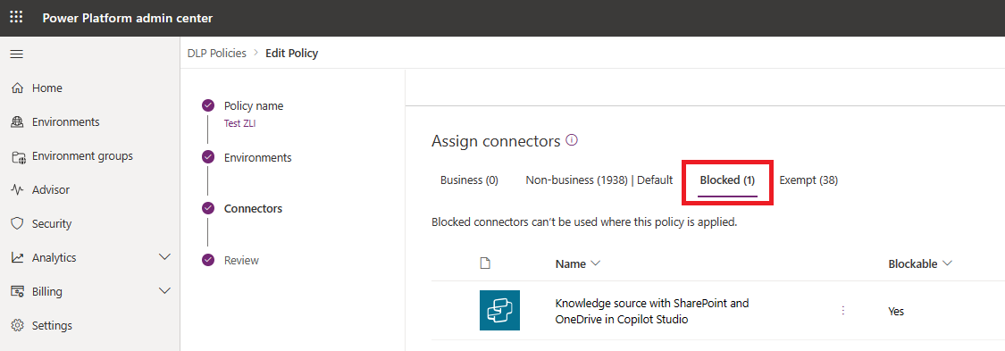 Screenshot of the Assign connectors page in Power Platform admin center.