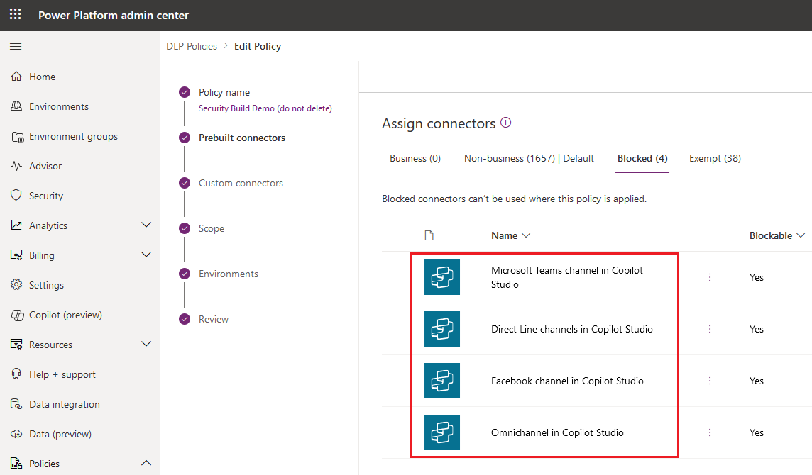 Channels connectors in Power Platform admin center.