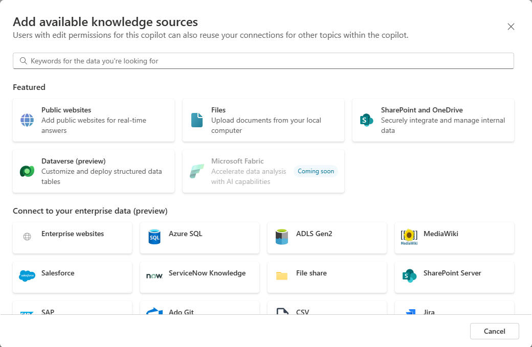 Screenshot of the Add available knowledge sources dialog.