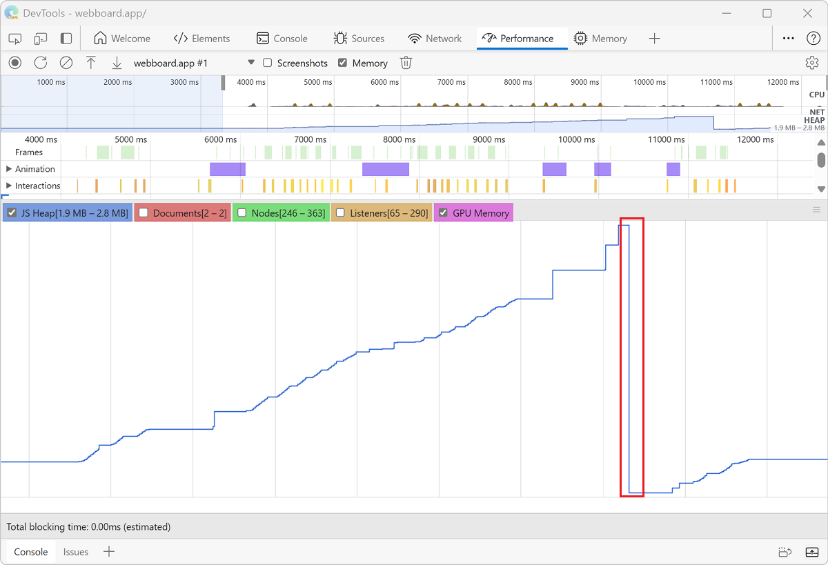 GC operation shown in the Performance tool