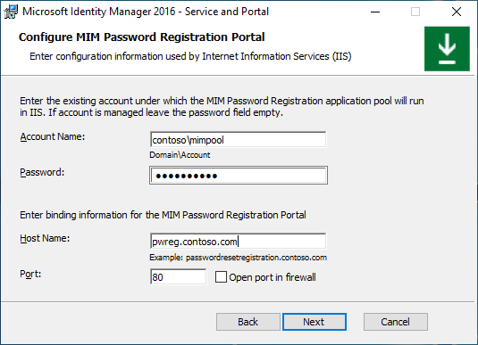 Jelszóregisztrációs portál konfigurációs képernyő képe