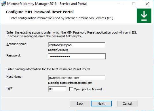 Új jelszó kérése portál konfigurációs képernyő képe