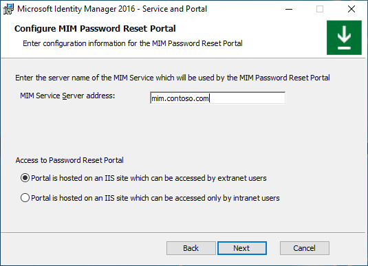 Jelszóátállítási portál szolgáltatáskonfigurációs képernyő képe
