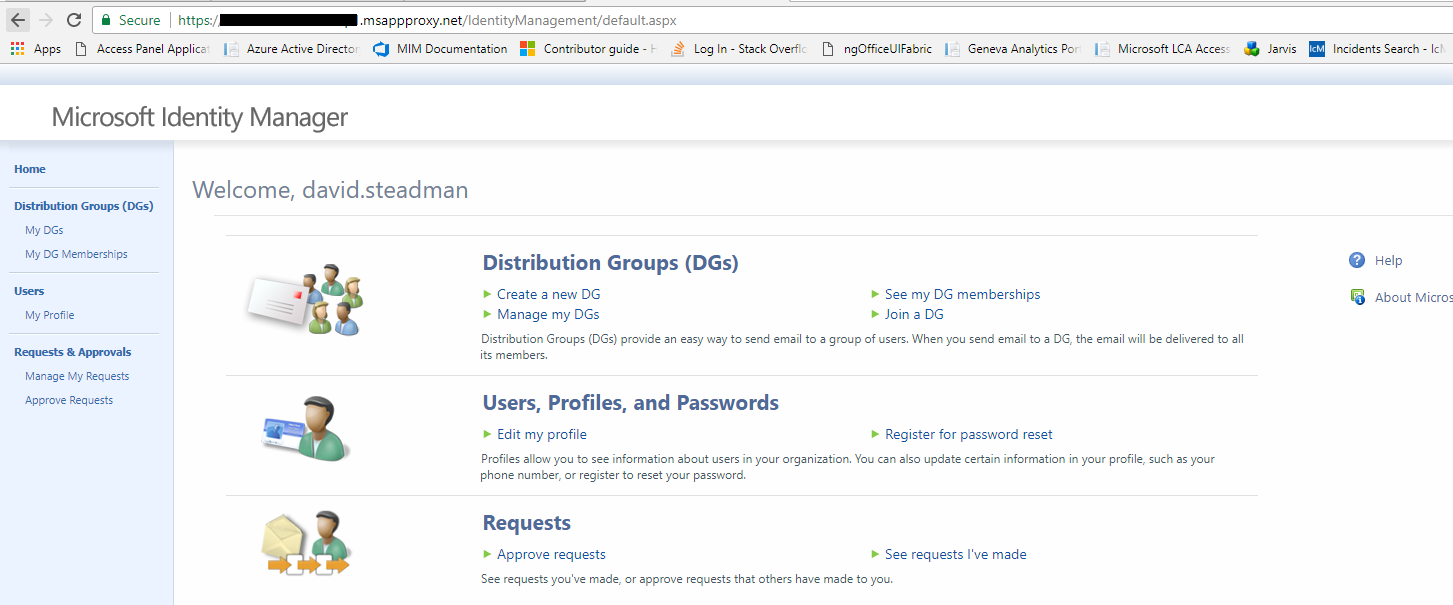 Képernyőkép a Microsoft Identity Manager kezdőlapjáról.