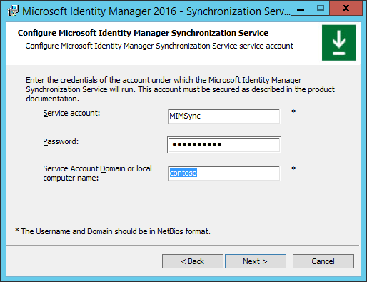 Kép: A MIM Synchronization szolgáltatás fiókjának konfigurálása