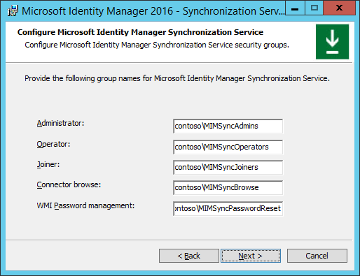 Kép: A MIM Synchronization szolgáltatás biztonsági csoportjainak konfigurálása