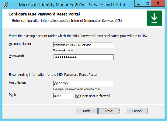 Kép: A MIM jelszó-változtatási portál konfigurálása