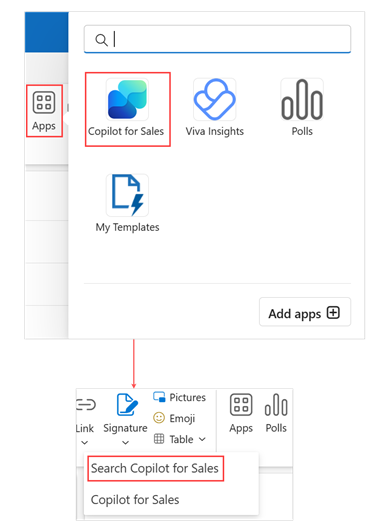 Képernyőkép a keresési lehetőségről az új Outlook Copilot for Sales alkalmazásában.