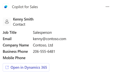 Képernyőkép a Copilot for Sales névjegyről kártya.