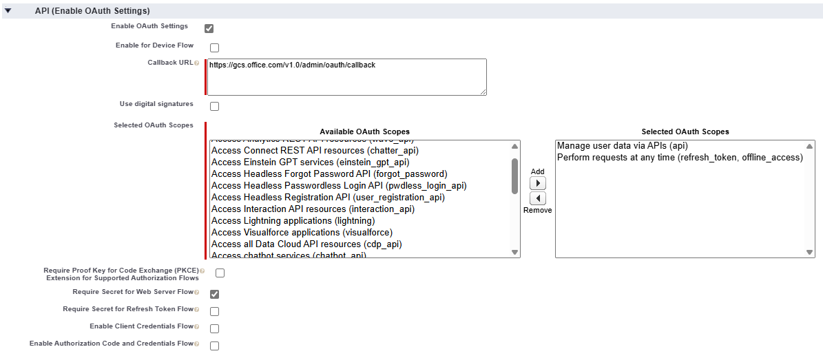 Screenshot that shows API section in Salesforce instance after admin has entered all required configurations listed above.