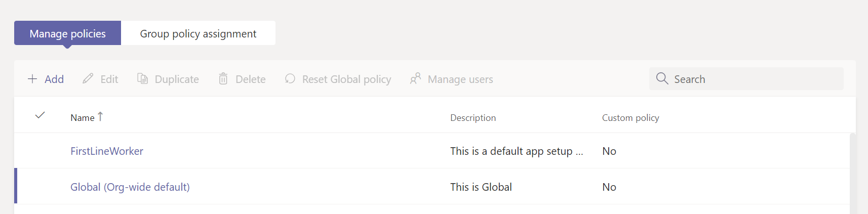 Screenshot shows the app setup policies page with options to manage policies or add new policies.