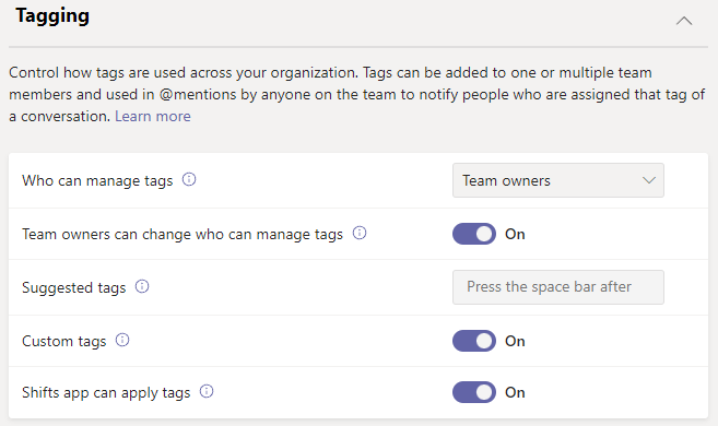 Screenshot of Teams tagging settings.