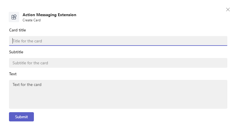 The Screenshot shows the Create Card model pop-up of the Action Messaging Extension.