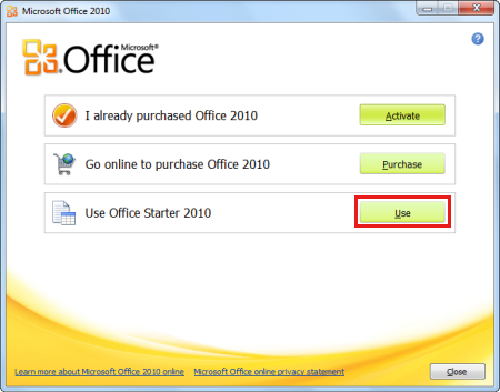 Képernyőkép a Microsoft Office 2010 Használat lehetőségének kiválasztásáról.