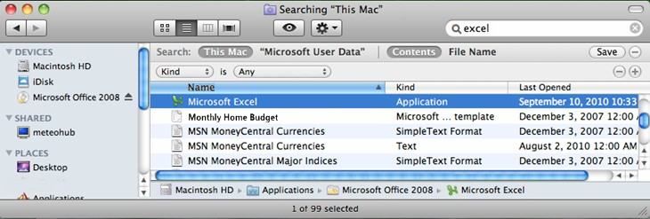 Képernyőkép az eredményről az Excel keresőmezőbe való beírásával.