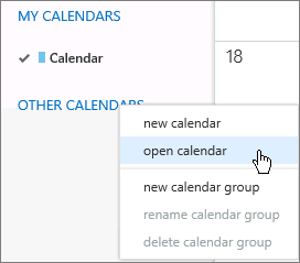 Képernyőkép, amely a kiválasztott naptármegnyitási lehetőséget mutatja.