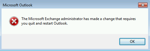 Képernyőkép a hibaüzenetről, amely azt mutatja, hogy a Microsoft Exchange rendszergazda olyan módosítást hajtott végre, amely megköveteli az Outlook bezárását és újraindítását.