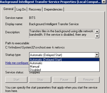 Képernyőkép az Automatikus (késleltetett indítás) indítási típus beállításról.