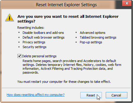 Képernyőkép az Internet Explorer Beállítások alaphelyzetbe állítása ablakról