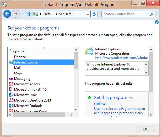 Képernyőkép az Alapértelmezett programok beállítása ablakról, amikor a programok listájában az Internet Explorert választja.