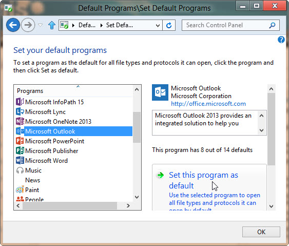 Képernyőkép az Alapértelmezett programok beállítása ablakról, amikor kiválasztja a Microsoft Outlookot a program listában.