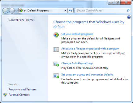 Képernyőkép az Alapértelmezett programok beállítása beállításról.