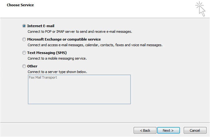 Képernyőkép a Szolgáltatás kiválasztása párbeszédpanelről. Az Internetes e-mail lehetőség van kiválasztva.