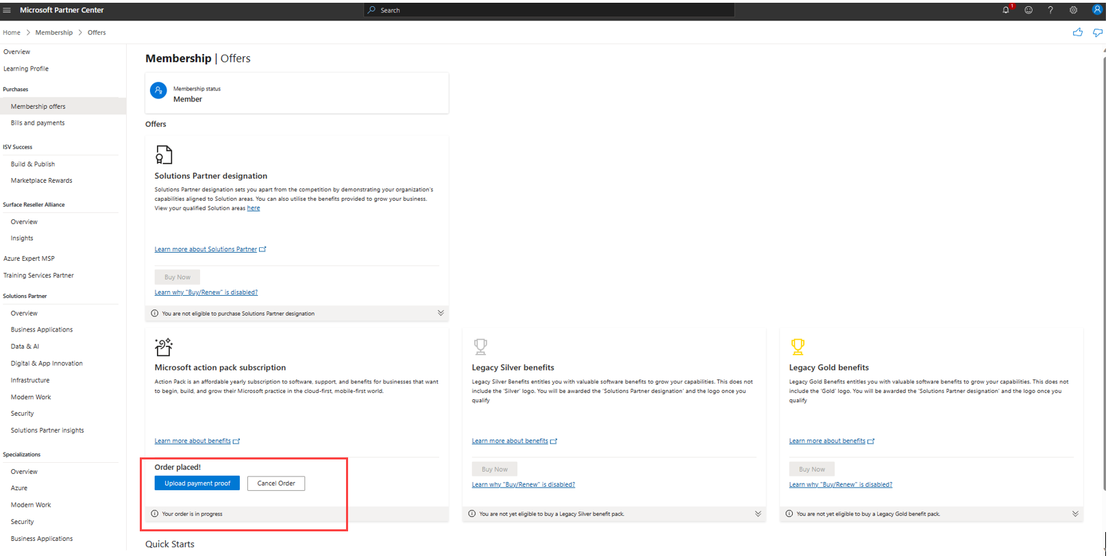Képernyőkép az Ajánlatok lapról. A Microsoft akciócsomag előfizetési szakaszában egy üzenet azt jelzi, hogy a Rendelés el lett helyezve.